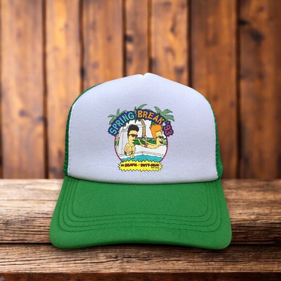 MTV Spring Break 1993 Beavis And Butthead Mens Trucker Hat Green Retro Ball Cap - Picture 1 of 4